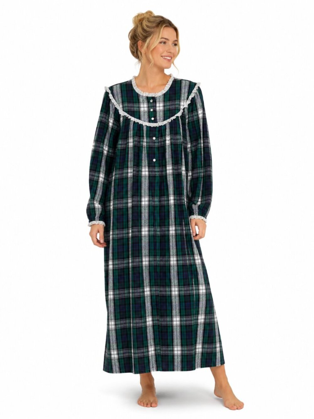 Lanz of Salzburg Women's Blue Green Cotton Flannel Nightgown Lace Trim Size S